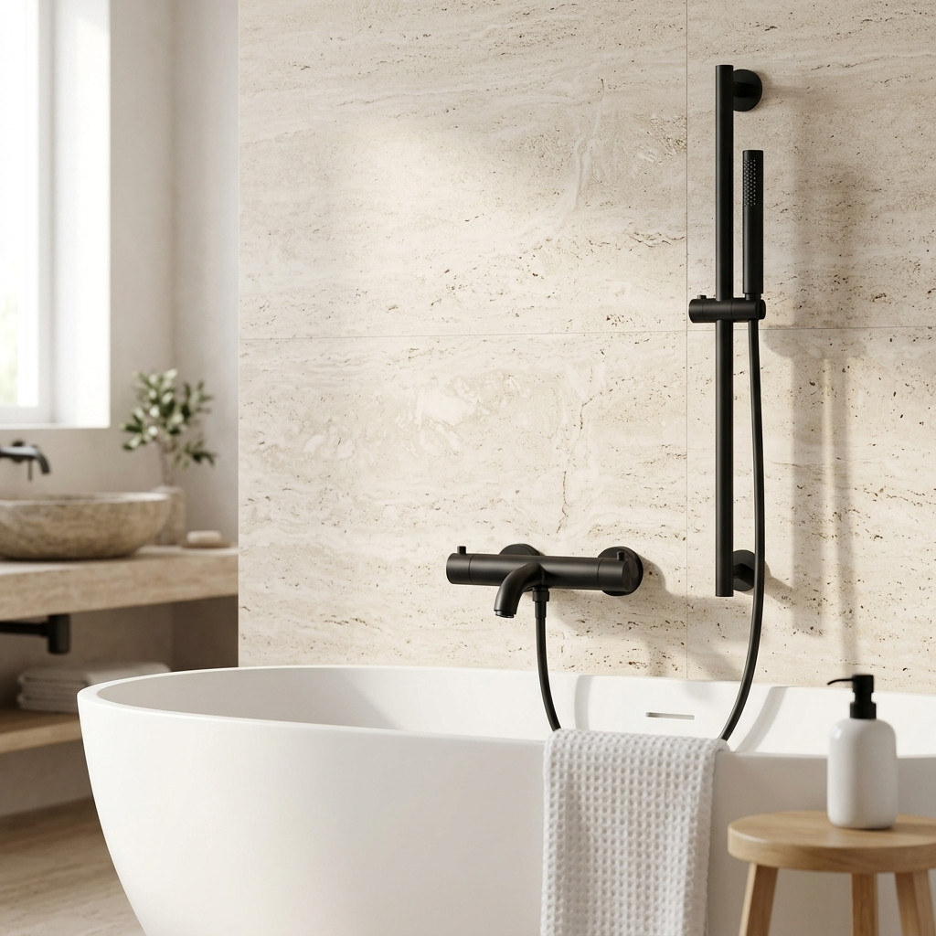 Aquanello Eterna Rubinetto termostatico da incasso per vasca nero opaco con doccetta a barra e asta scorrevole ET-B-SET1-3-10